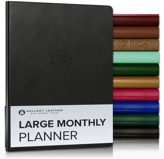 Gallery Leather Large Monthly Planner 2025-2026, Elegantly Bound Calendar Planner and Notebook with Stylish Gold-Gilded Page Edges, 18 Months - Monhegan Black - 9.75x7.5"
