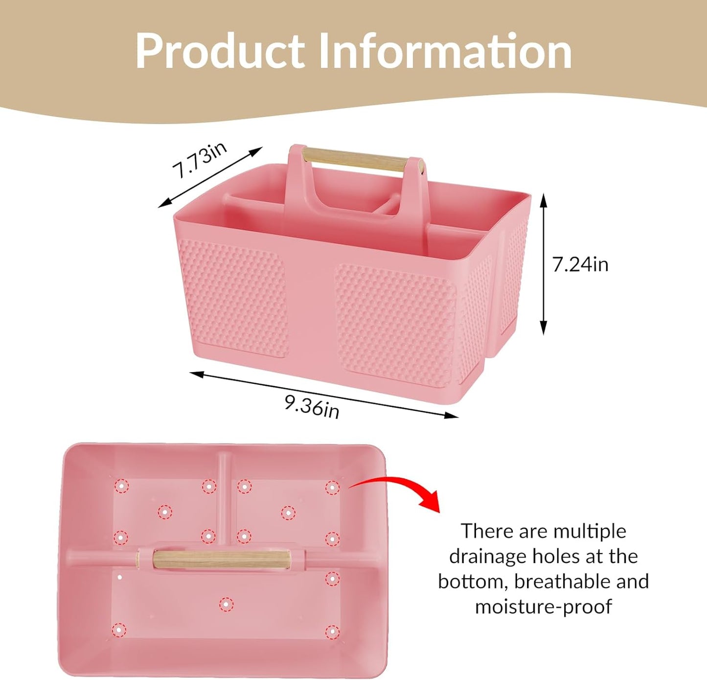 Shower Caddy Portable and Cleaning Caddy Organizer for Bathroom, Kitchen, Toiletries Storage ，Caddy organizer with handle, Rust-Resistant, Durable Material (Pink, 9.36" L×7.73" W×7.24" H)