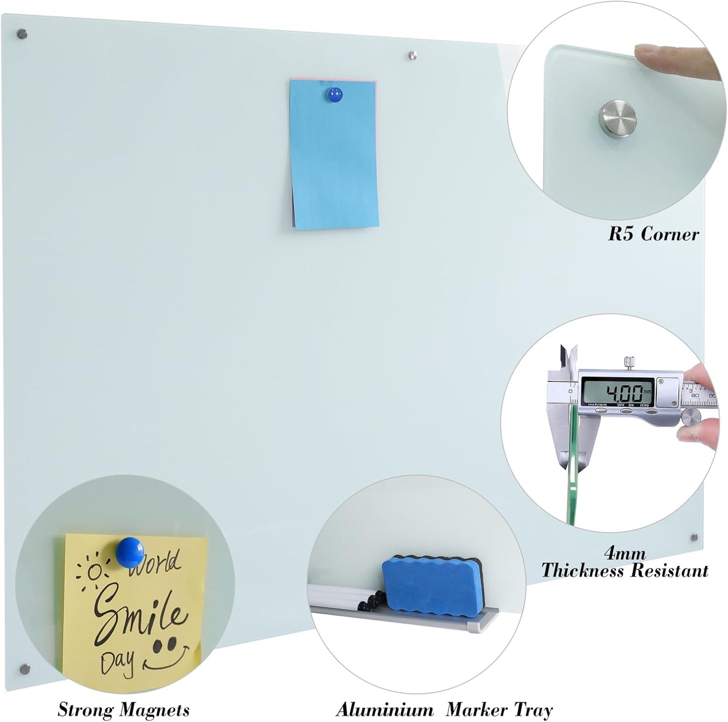 Magnetic Large Glass Board 72"x 48" Dry Erase Writing Board Premium Tempared Galssboard Frameless Message Board with Full Accessories Wall Mounted White Board