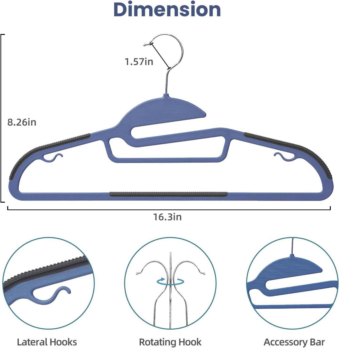 Heavy Duty Plastic Hangers 50 Pack with Non-Slip Design,0.2 Inches Thick,360°Swivel Hook Space Saving Organizer for Bedroom Closet,Shirts,Pants,Strong Enough for Coat(Nacy- S Shaped)