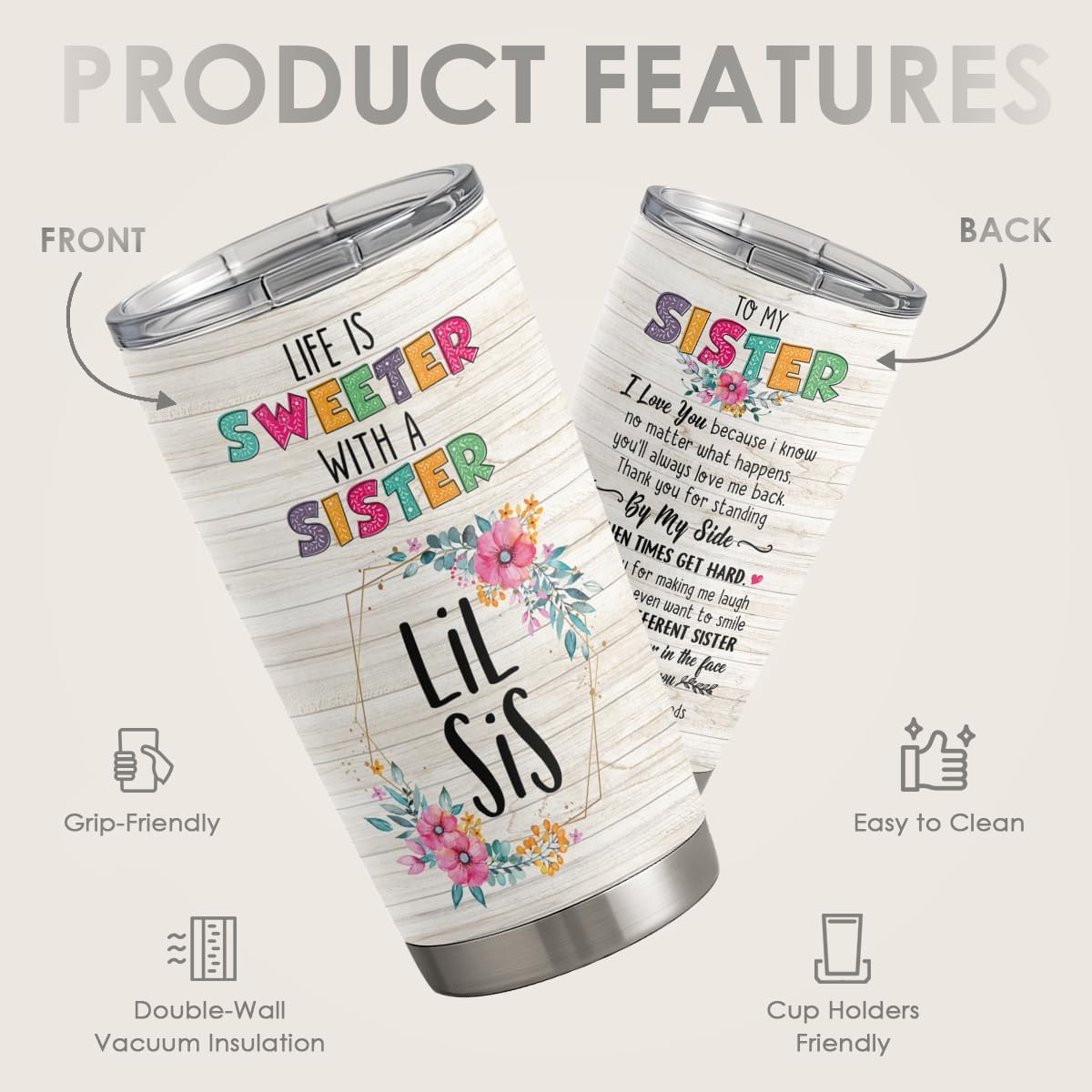 SANDJEST Sister Gifts 20oz Stainless Steel Insulated Travel Mug, Gifts for Women, Girls, Birthday, Christmas