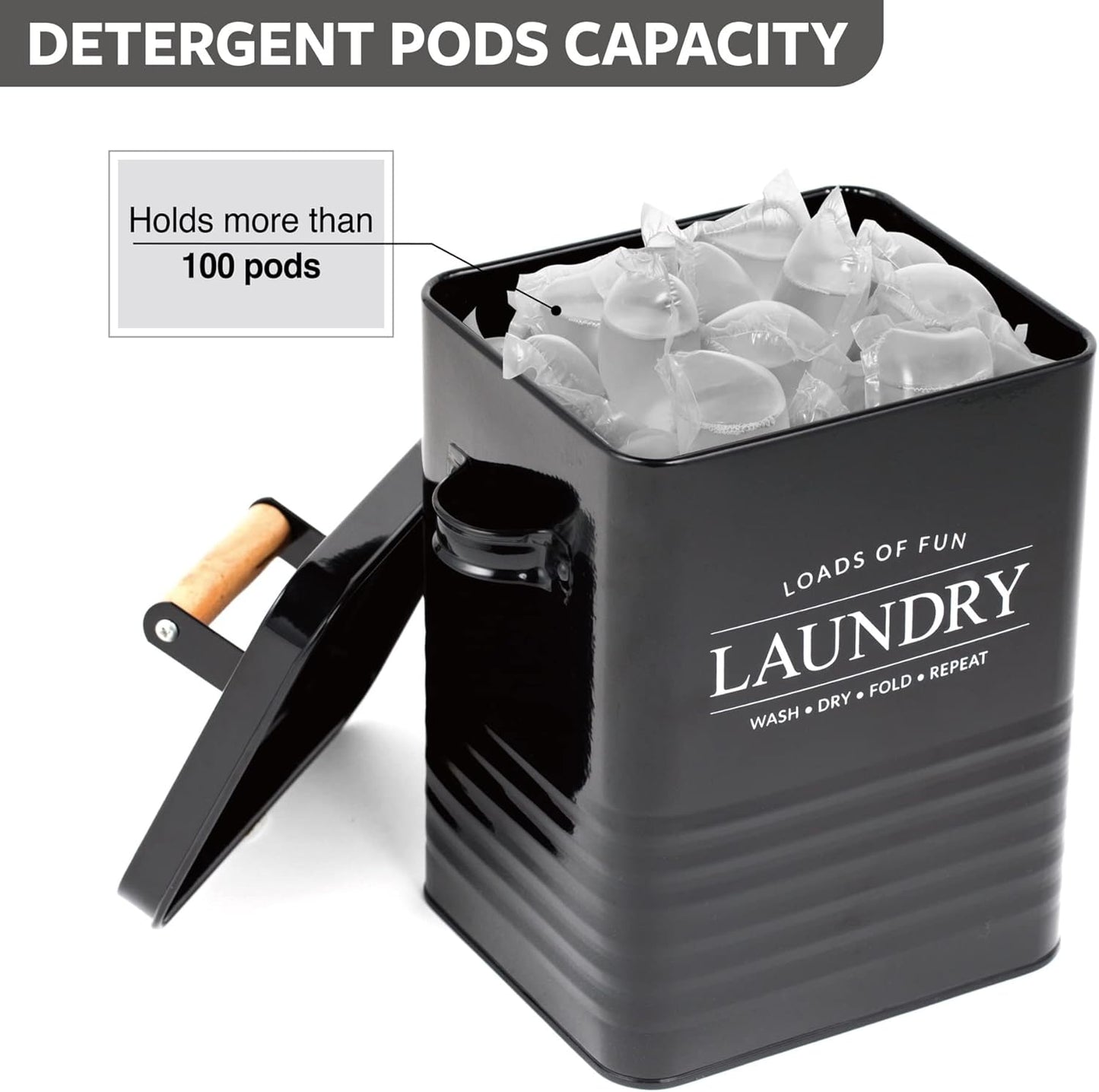 Calindiana Modern Farmhouse Metal Laundry Soap Dispenser Container Holder with Scoop for Laundry Room Decor and Space Saving Laundry Room Organization and Storage, Laundry Powder Container, Black