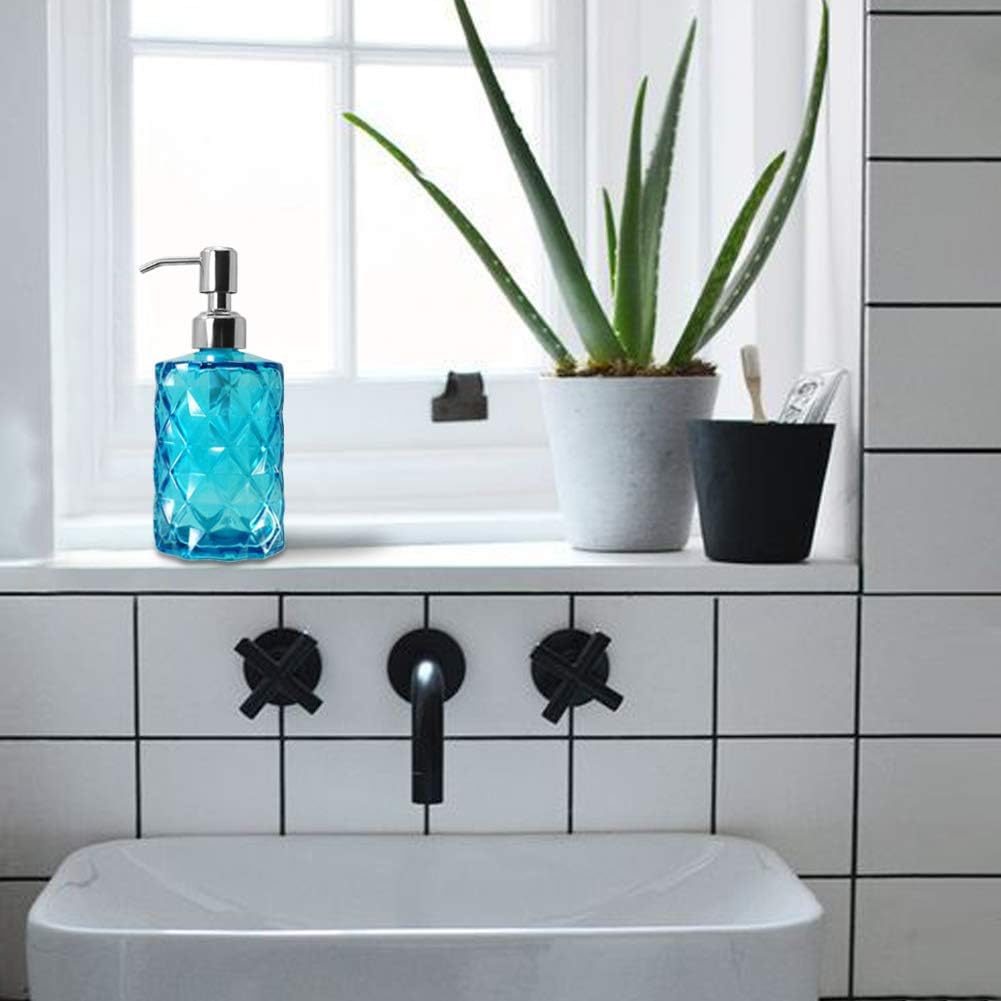 JASAI Diamond Design Soap Dispenser with 304 Rust Proof Stainless Steel Soap Pump, 12 Ounce Kitchen Soap Dispenser for Bathroom, Hand Soap, Dish Soap (Clear Blue).