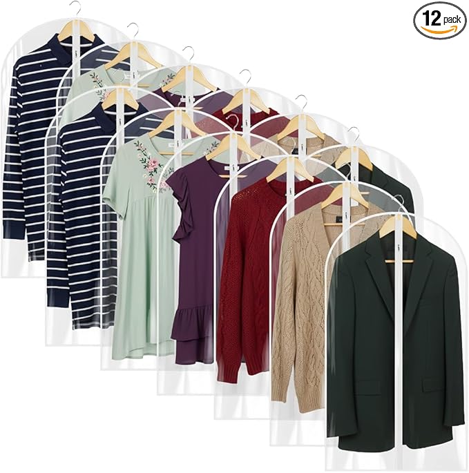 40” All Clear Garment Bags for Travel - PEVA Waterproof Suit Cover with Zipper for Hanging Clothes, Dresses, Coats - Durable Dresser for Closet Storage, Dustproof & Moisture Resistant - 40''/12 Pack