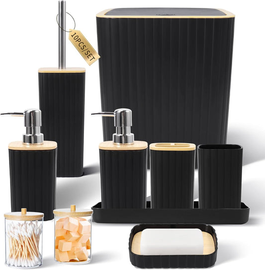 Bathroom Accessories Set - Elegant Black Bathroom Set, 10PC Bathroom Accessory Set, Toilet Brush, Trash Can, Qtip Holder Dispenser & Soap Dispenser