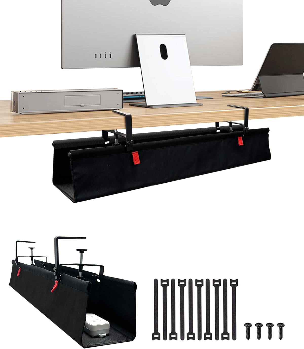 No Drill Cable Management Under Desk, 36" Cord Organizer for Table, Clamp/Screw Mount Cable Tray, Premium Black Fabric Desk Cord Management Tray for Office, Home (Large (36 Inch))