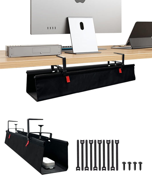 No Drill Cable Management Under Desk, 28" Cord Organizer for Table, Clamp/Screw Mount Cable Tray, Premium Black Fabric Desk Cord Management Tray for Office, Home (Regular (28 in))