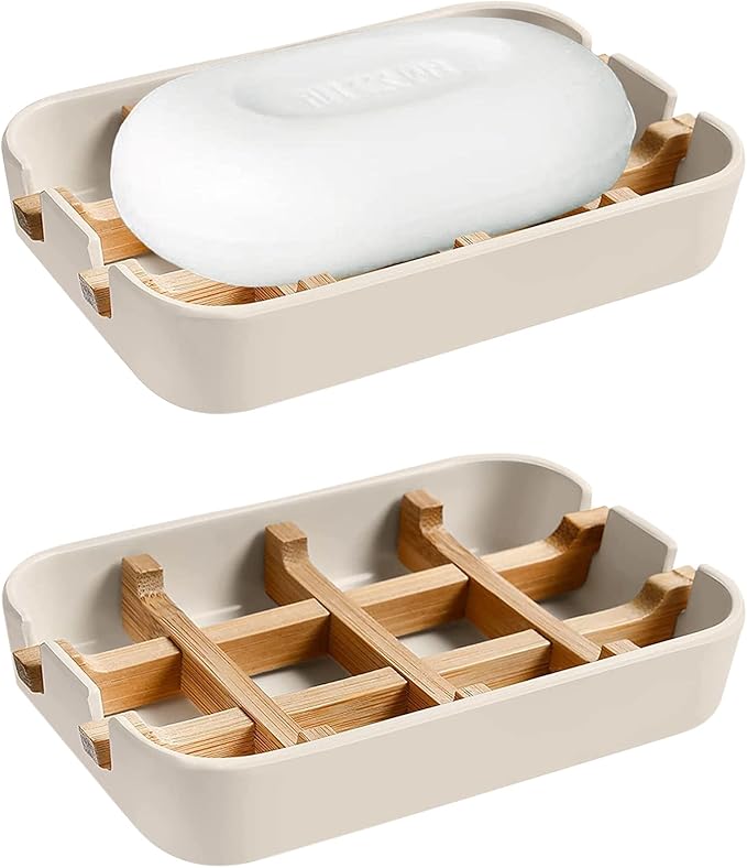 Aoheuo Modern Bamboo Fiber soap Holder and soap Dish Combination (Removable),5.12 Long by 3 Wide, 0.98 inches high, Used in Kitchens, bathrooms, and bar Sinks (Off White(2 Pack))