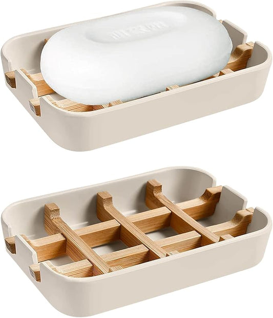 Aoheuo Modern Bamboo Fiber soap Holder and soap Dish Combination (Removable),5.12 Long by 3 Wide, 0.98 inches high, Used in Kitchens, bathrooms, and bar Sinks (Off White(2 Pack))