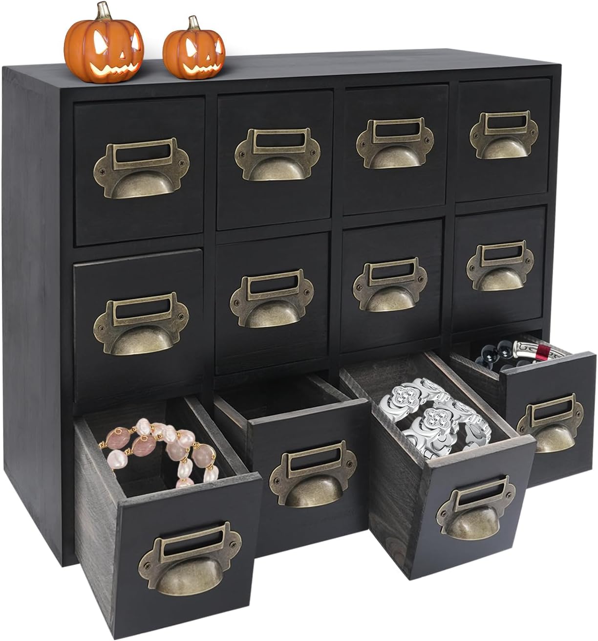 3-Tier Storage Cabinet, 12-Drawer Wooden Organizer with Metal Handles, Wooden Medicine Cabinet, Vintage Brown Solid Wood & Alloy Desktop Storage Shelf for Households, Offices (Black)