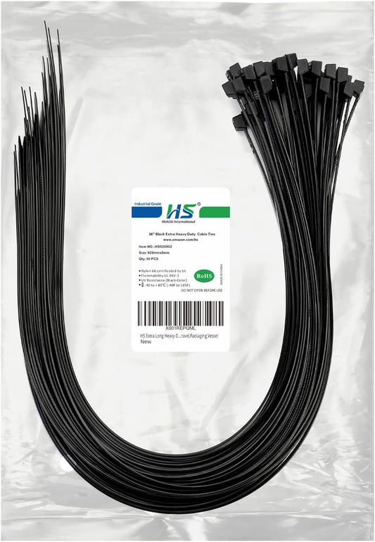 HS Extra Long Heavy Duty Zip Tie Straps (50 Pack) Thick 0.35 Inch Plastic Duct Zip Ties Heavy Duty 200 Pounds,Black Large Zip Ties 36 Inch for HVAC,Travel,Packaging,Vessel