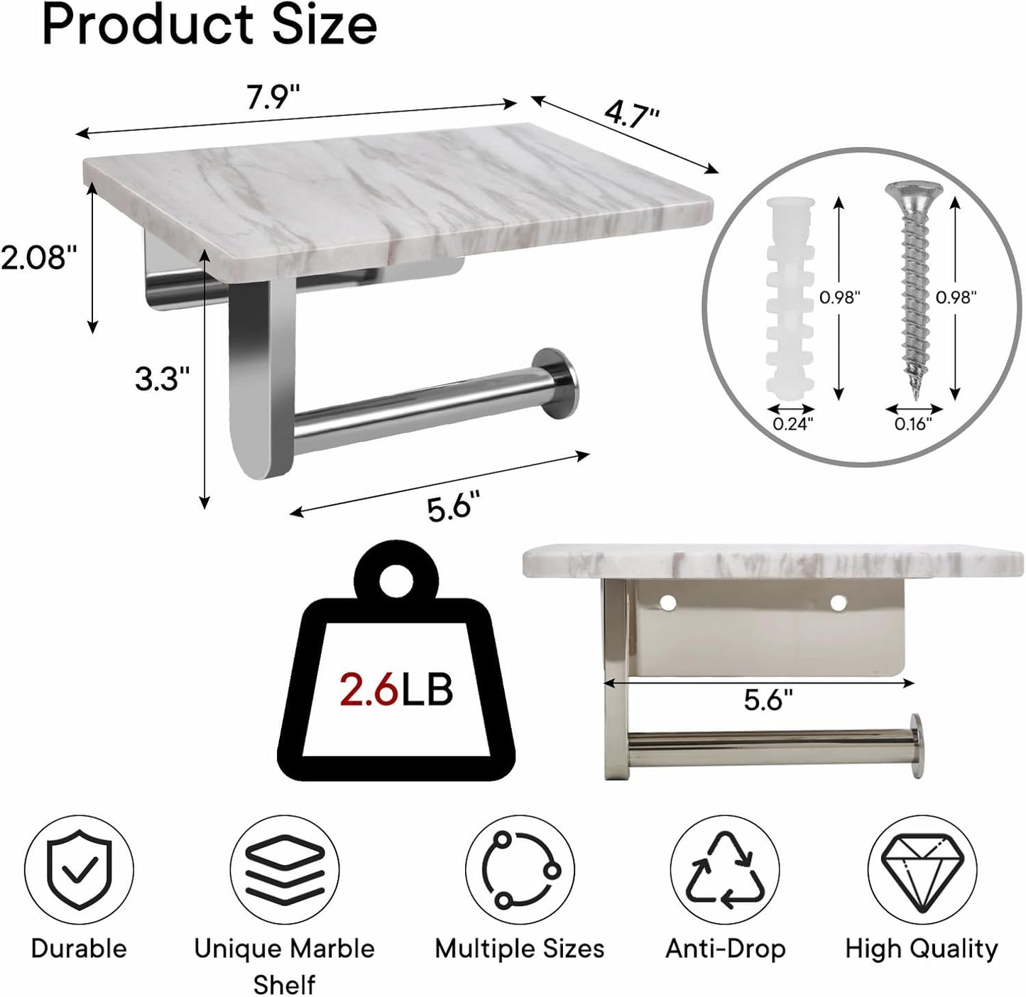 Toilet Paper Holder with Natural Marble Shelf for Bathroom Washroom,Wall Mounted Tissue Holder Suitable for Mega Roll (Brushed Nickel, Middle 7.87 * 4.72 in)