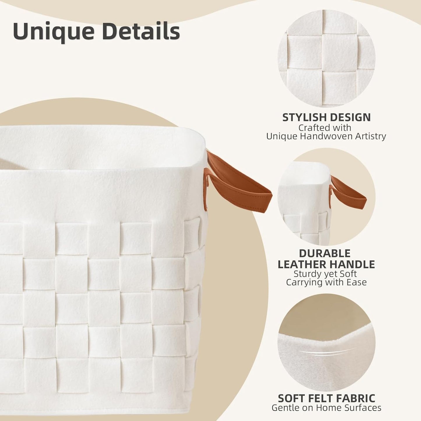 boldmonkey Storage Basket 3 Pack, 13" x13" x13 Large Blanket Baskets with Leather Handle, Cube Felt Fabric Storage Box for Shelves, Bedroom, Nursery, Living Room - Beige