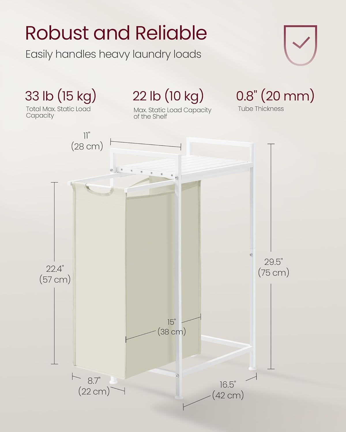 VASAGLE Laundry Hamper, Laundry Basket, Laundry Sorter with a Pull-Out and Removable Bag, Shelf, Metal Frame, 12.4 Gallons (47 L), 16.5 x 11 x 29.5 Inches, Cream White and Cloud White UBLH001W01