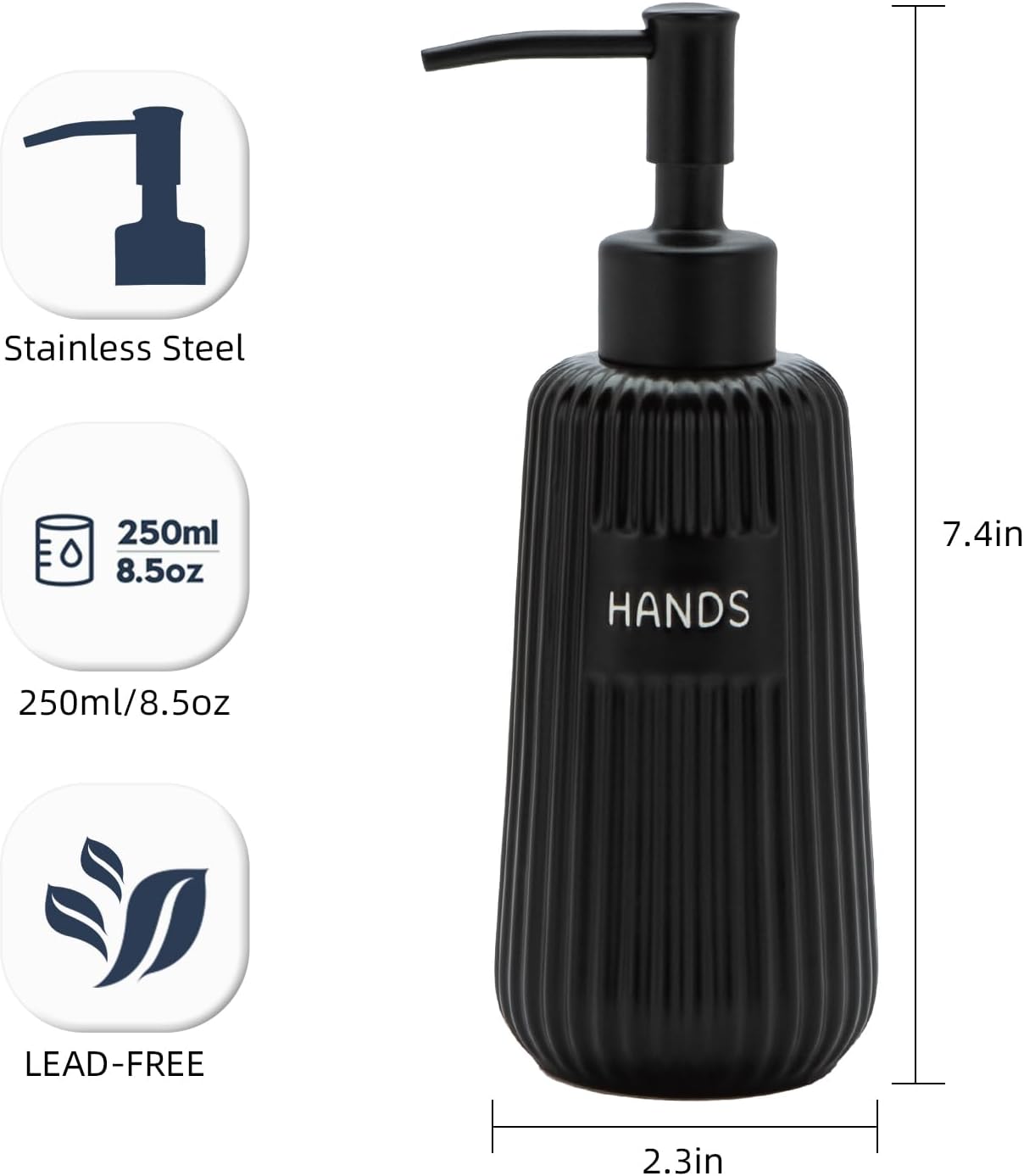 Kitchen Soap Dispenser Set with Stainless Steel Pump and Funnel, Modern Ceramic Refillable Hand and Dish Soap Dispenser Set for Kitchen, Bathroom, Office, Hotel, Matte Black