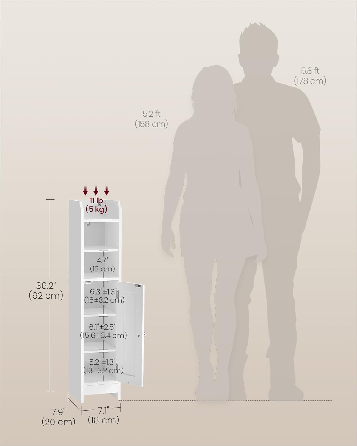 VASAGLE Small Storage Corner Floor Cabinet with Door, 7.9 x 7.1 x 36.2 Inches, Narrow Toilet Paper Storage Holder, Adjustable Shelves, for Bathroom, Living Room, Small Spaces, Cloud White UBBC311W01