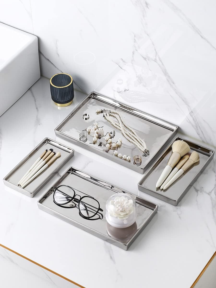 Ceramic Trinket Tray Rectangte Vanity Jewelry Organizer Makeup Mirror Tray Silvery Medium
