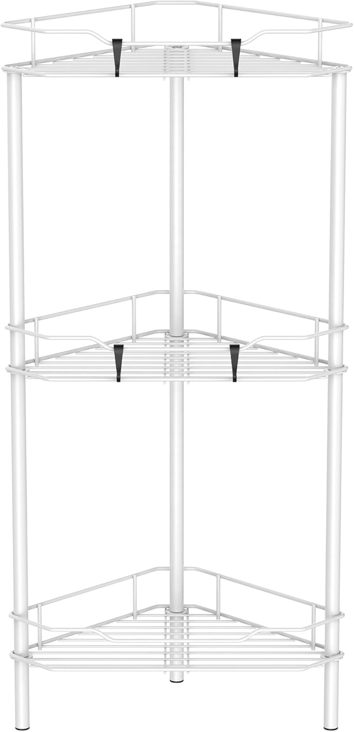 3 Tier Floor Standing Corner Shower Caddy Organizer Shelf with Hooks, Bathroom Shelves Stand Rack, White