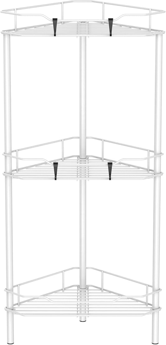 3 Tier Floor Standing Corner Shower Caddy Organizer Shelf with Hooks, Bathroom Shelves Stand Rack, White
