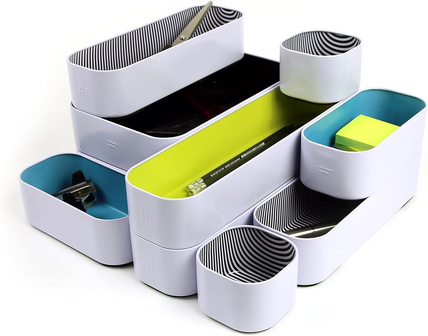 Three by Three Seattle 10 Piece Metal Organizer Tray Set for Storing Makeup, Stationery, Utensils, and More in Office Desk, Kitchen and Bathroom Drawers (2 Inch, Assorted Colors, Stripes)