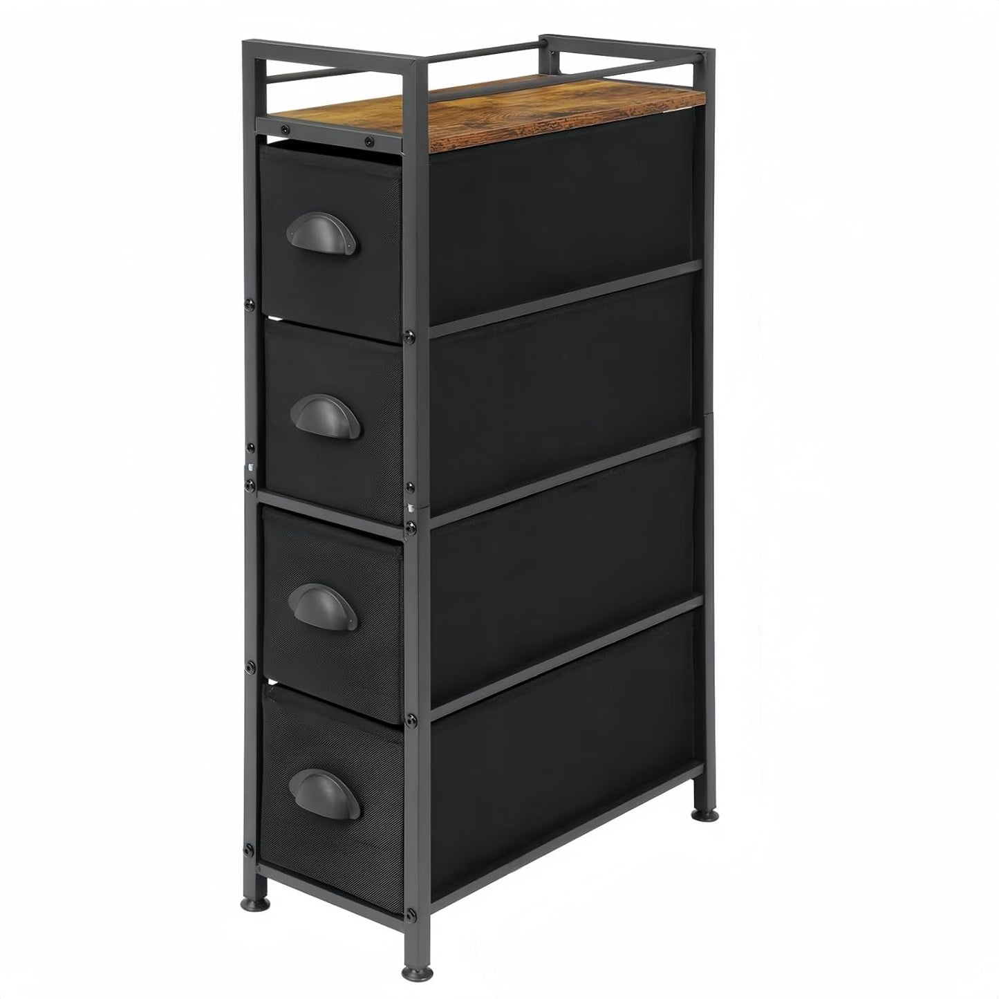 MOOACE Narrow Dresser Storage Tower with 4 Drawers, Slim Dresser Chest of Drawers, Vertical Small Fabric Dresser Standing, Wood Top Organizer for Bedroom, Bathroom & Laundry, Black/Brown