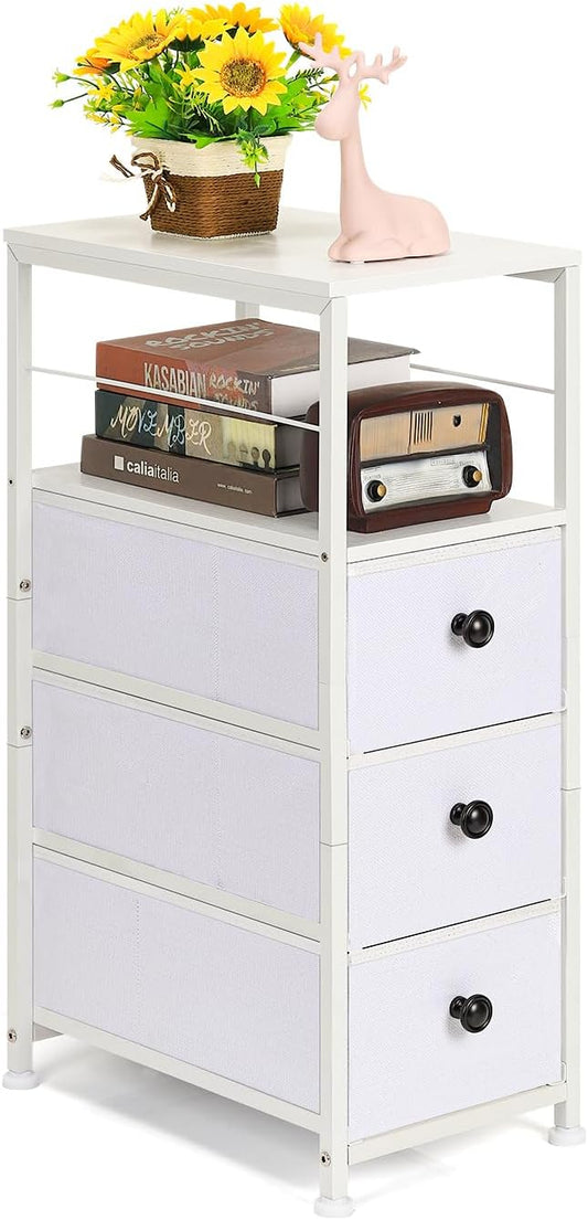 MOOACE Narrow Dresser for Bathroom, Slim Dresser Storage Cabinet, Chest of 3 Fabric Drawers with Wood Shelf, Bedroom Organizer Tower for Small Space, Closet, Laundry, White