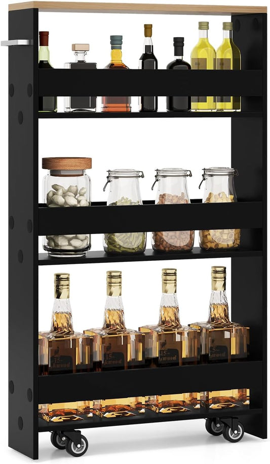 LOKO Slim Storage Cart, 4-Tier Rolling Cart with Handle & Wooden Top for Kitchen Bathroom Laundry Living Room Narrow Small Spaces, 5 Inches Width (Black & Natural)