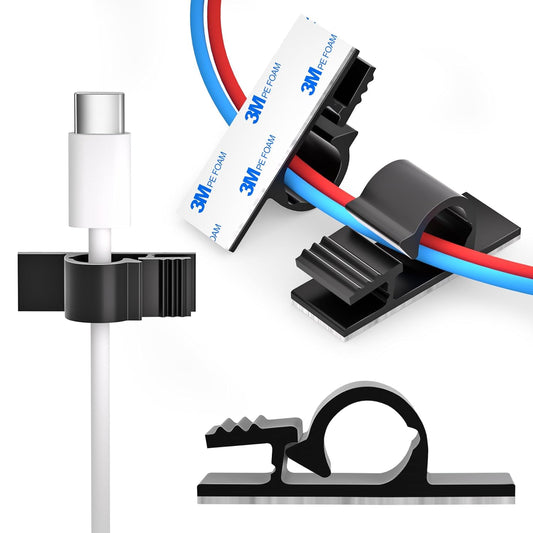 XHF 100pcs Adhesive Cable Wire Clips Black, Outdoor Cable Management Wire Organizer Cord Holder for Under Desk, Car, Wall, TV PC Ethernet Cable