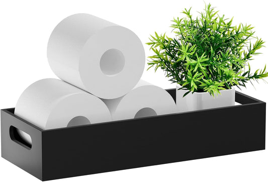 VITVITI Bamboo Toilet Paper Holder Storage, Bamboo Tray for Bathroom with Handle, Toilet Tissue Holder Organizer Basket Container for Toilet Tank/Kitchen Counter, Natural, Black