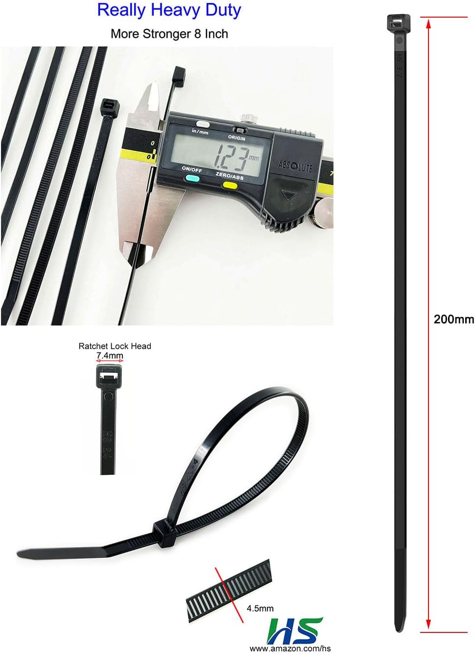 HS Thick Zip Ties 8 Inch x 3/16" (Bulk-500 Count) UV Black Cable Ties 50 Pounds Heavy Duty Self-Locking Strap Ties for Automotive,Outdoor Fence Purpose