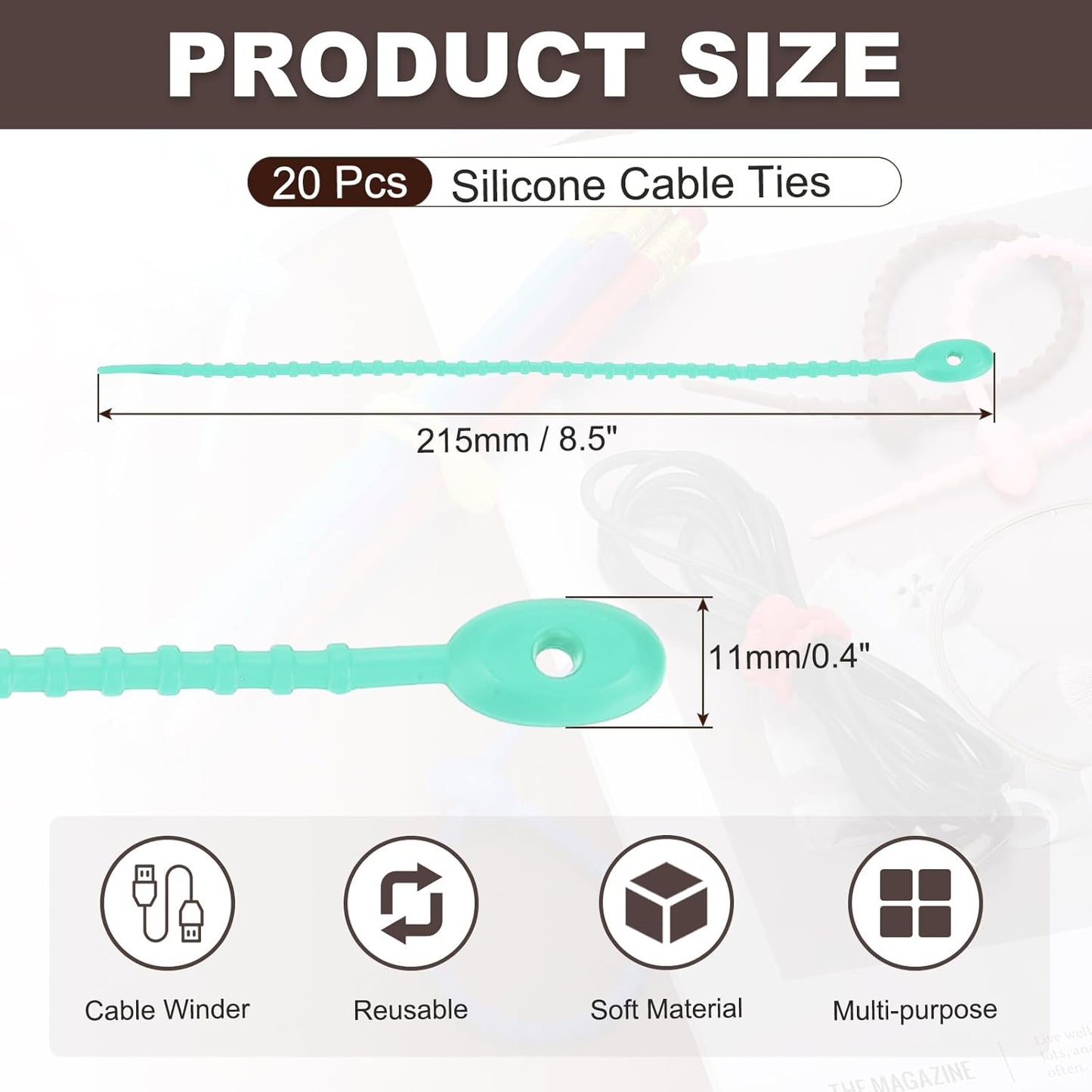 uxcell 20 Pcs Silicone Ties Bag Clip, 8.5 Inch Multi Purpose Silicone Zip Ties Reusable Rubber Zip Tie, Cable Strap Cord Organizer for Home Office Food Bag Wires Cables, Mint Green