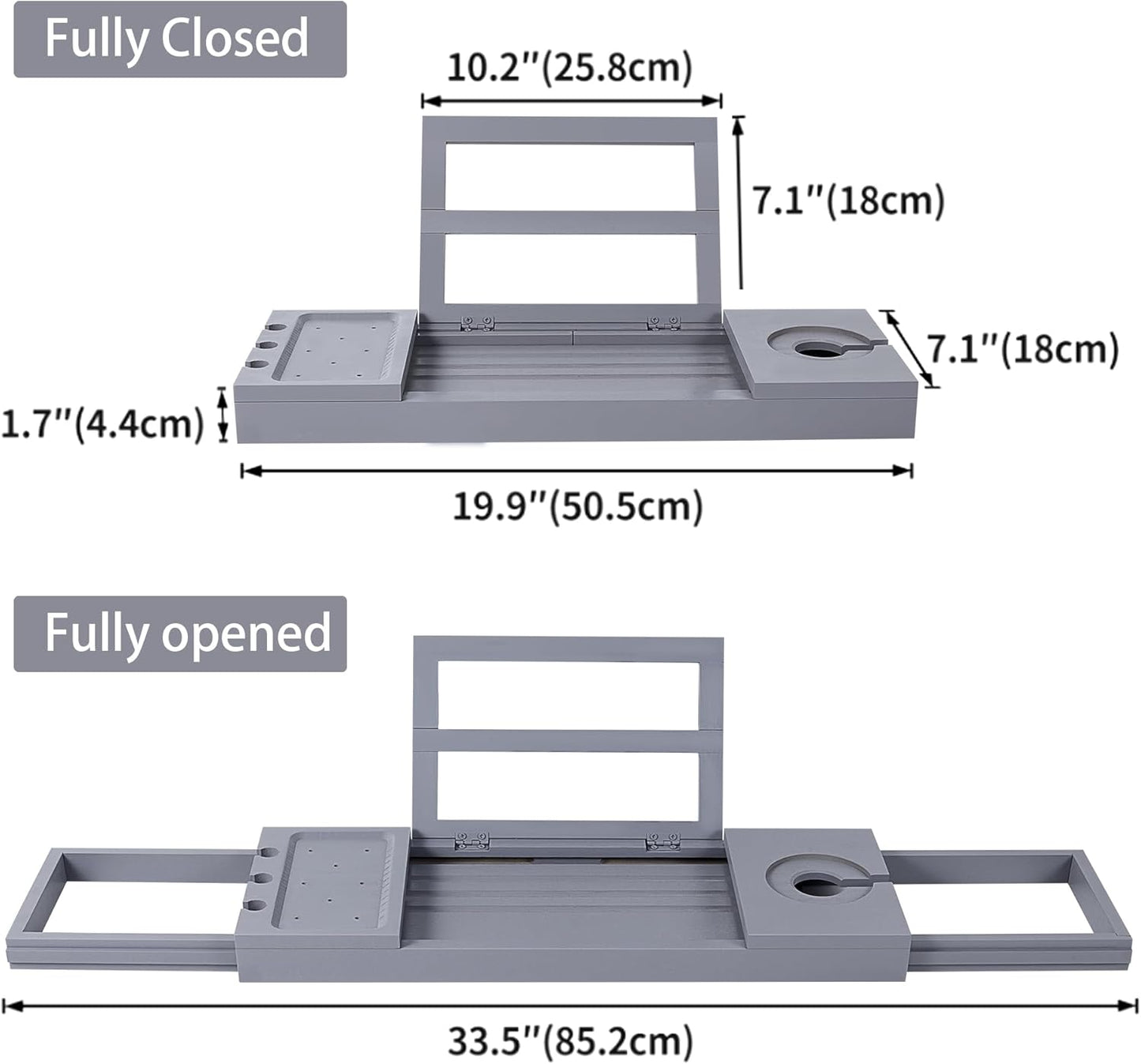 Utoplike Bathtub Tray Caddy Bamboo, Grey Bath Table for Tub Adjustable, Bathroom Organizer with Book Tablet Wine Glass Cup Towel Holder
