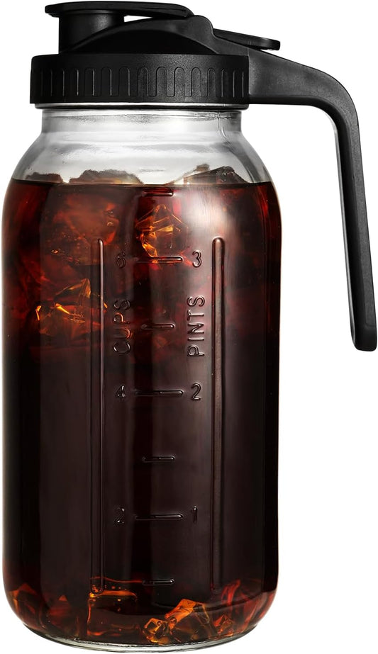 64 oz Glass Pitcher with Lid for Fridge, Half Gallon Pitcher with Lid, Leak Proof, Wide Mouth, 1/2 Gallon Glass Juice Jug for Ice Tea and Coffee (Black)