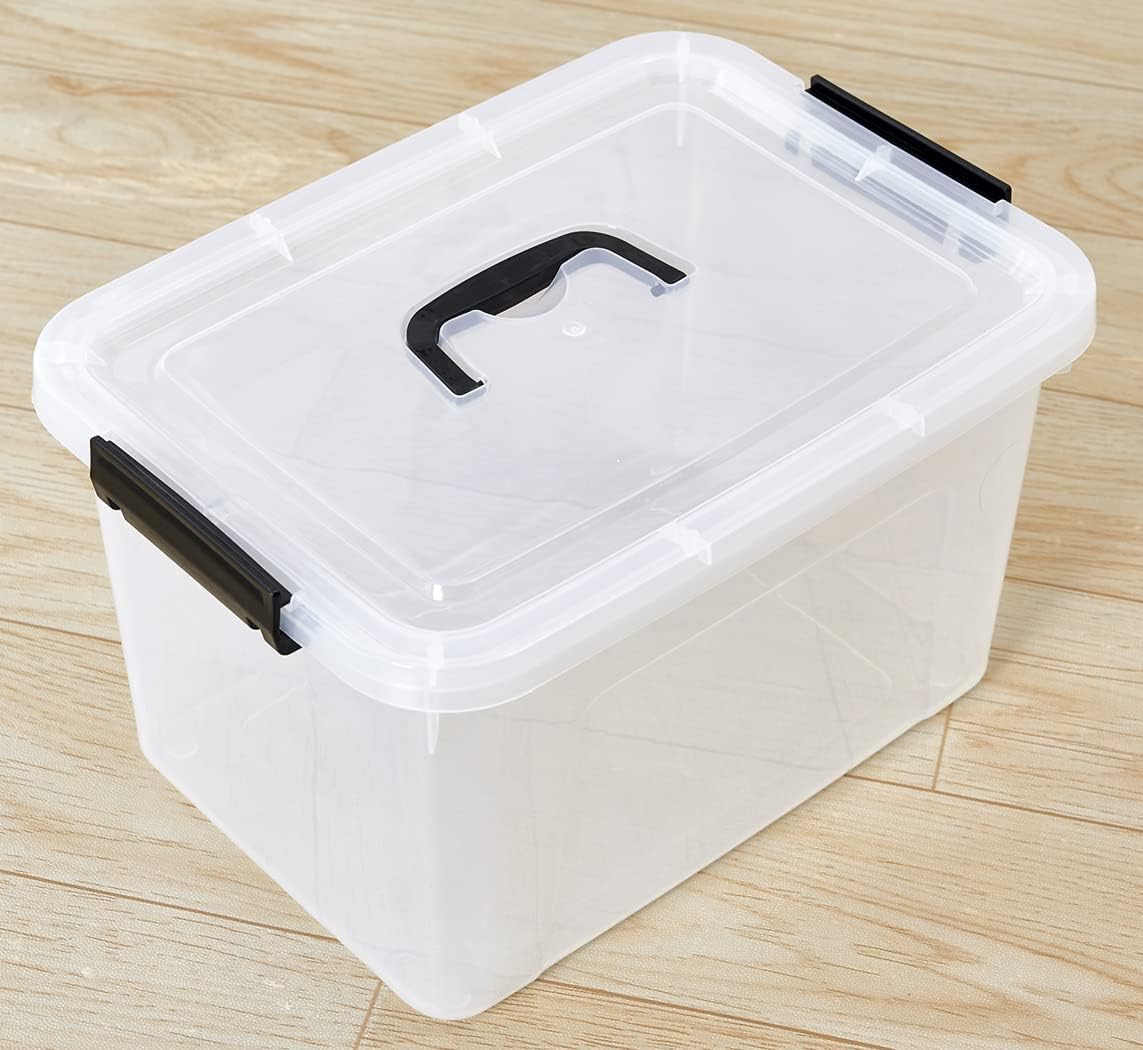 Clear Storage Latch Box 12 Quart, Plastic Organizing Box/Bin with Lid and Black Handles, 6-Pack