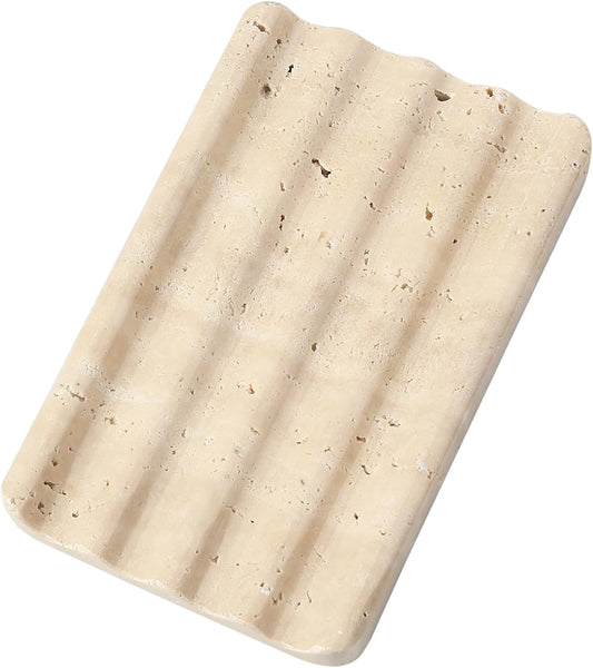 Koville Natural Travertine Soap Dish for Bathroom Shower, Marble Soap Tray Travertine Dish for Bathroom, Stone Soap Tray for Sink, Stripe Grooves Soap Saver Keep Soap Bars Dry Easy Clean