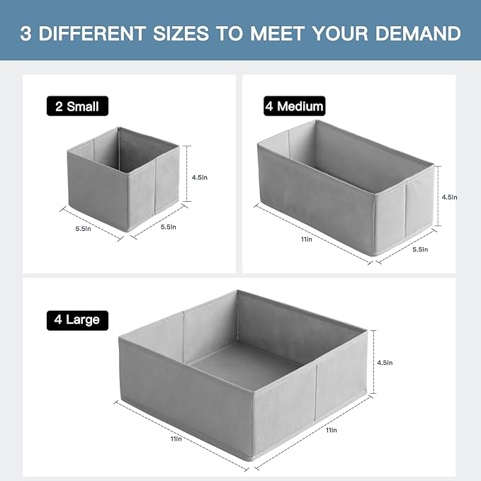 Criusia Drawer Organizer Clothes, 10 Pack Dresser Organizer for Baby Clothes, Underwear, Sock- Foldable Closet Organization and Storage Dividers Bins for Nursery, Bedroom (Grey)