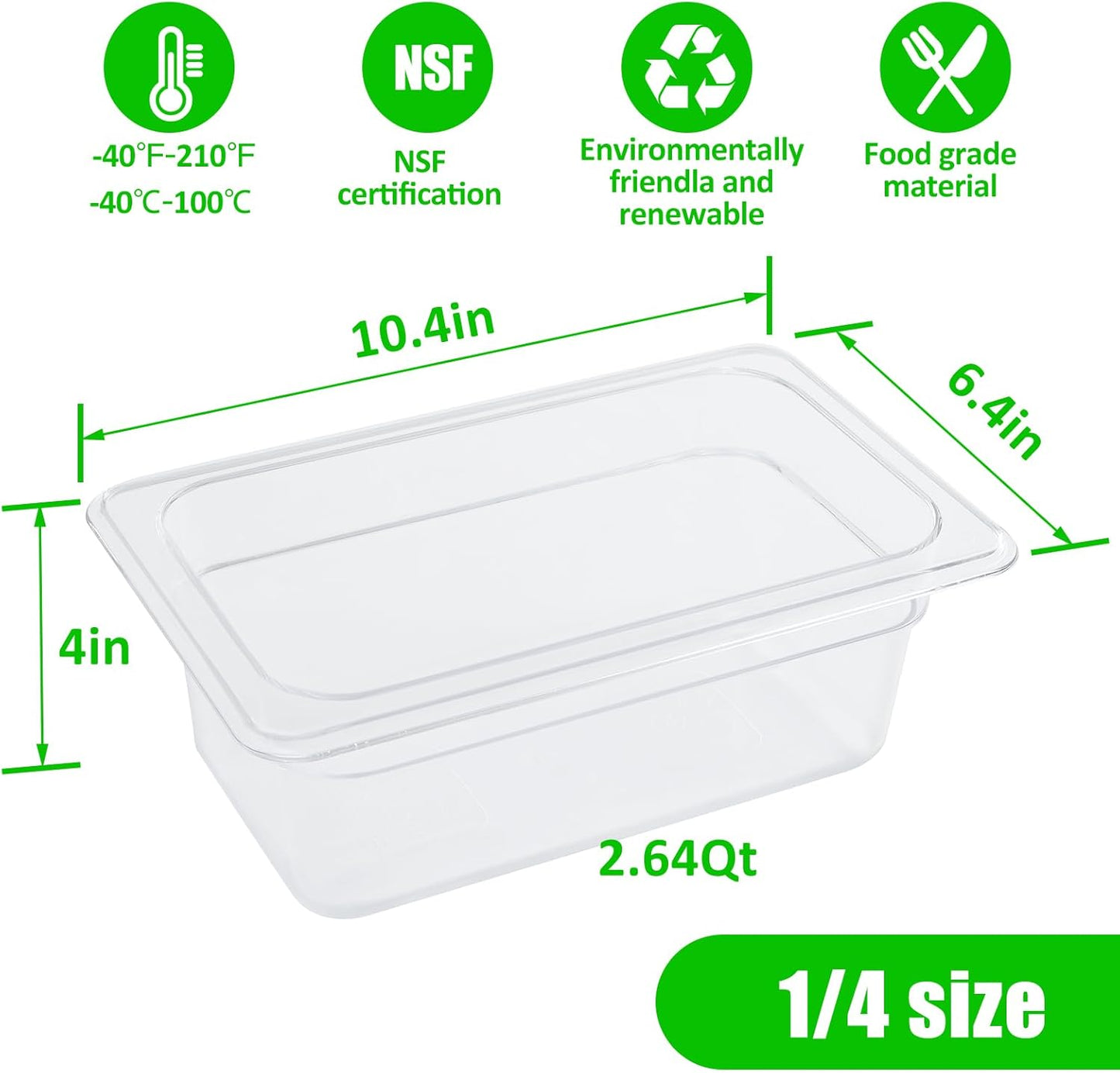 6 Pack 1/4 Size 4'' Deep Clear Food Pans with Lids, Commercial Food Pans Acrylic Transparent Food Storage Containers, Stackable Plastic Pan with Capacity Scale, Restaurant Supplies Hotel Pan