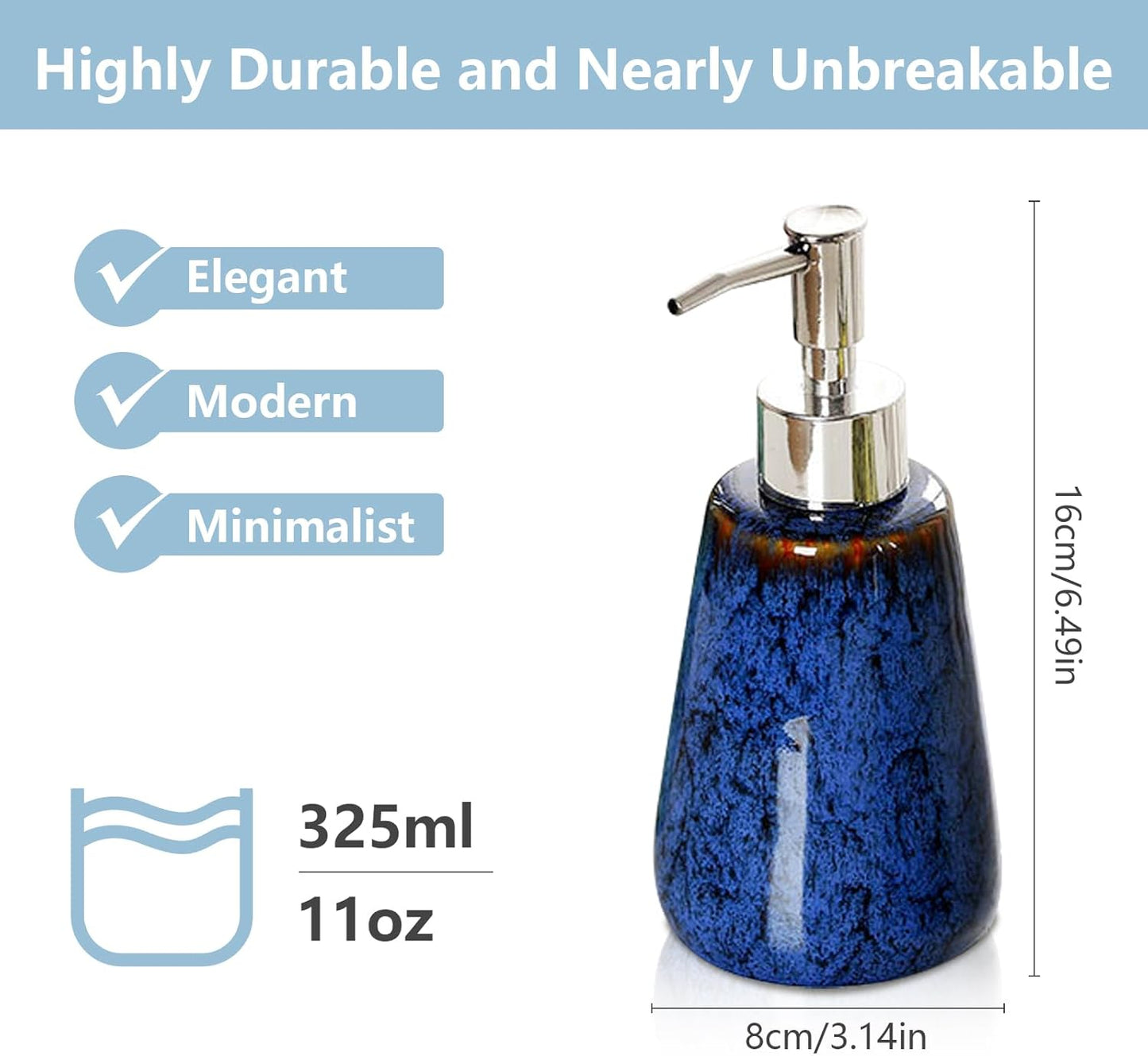 Jessie Ceramic Hand Soap Dispenser Bathroom,Kiln Variable Glaze Lotion Dispenser with Pump 11 oz Modern Vintage Dish Soap Dispenser Refillable Liquid Soap Bottles for Bathroom Kitchen (Blue)