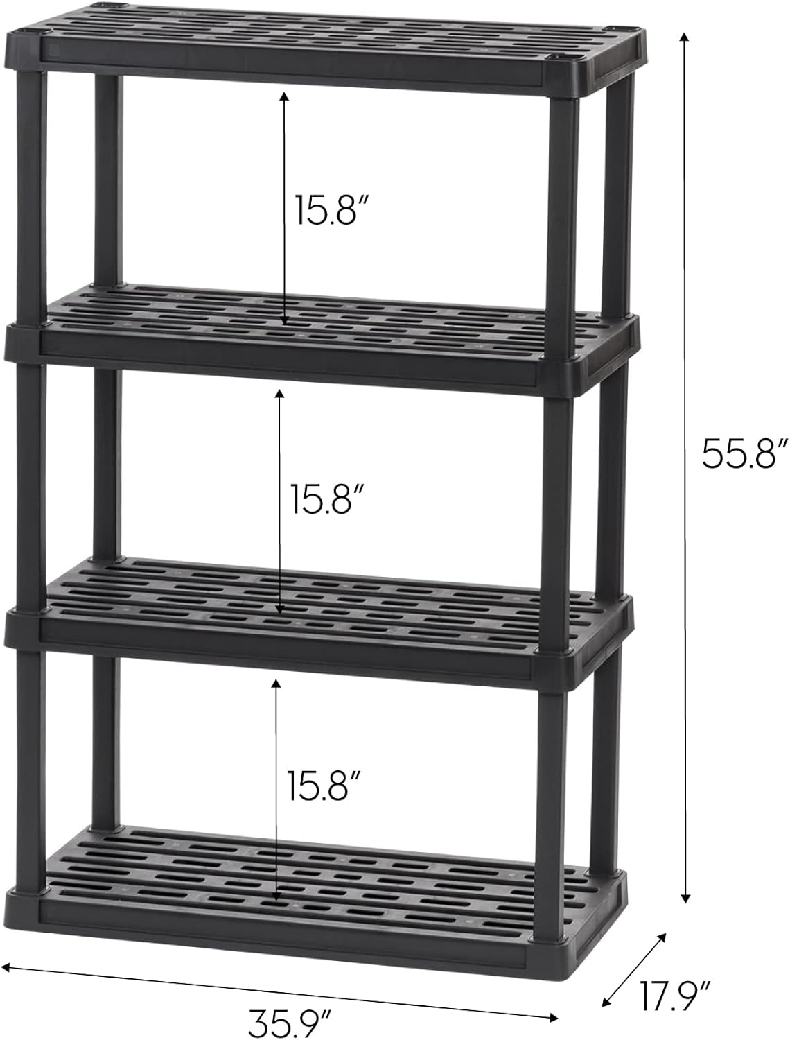 IRIS USA 4-Shelf Heavy Duty Plastic Storage Shelves, 600lb Capacity, 56"H x 36"W x 18"D, Large Modular Shelving Unit Storage Organizer for Garage, Home, Warehouse & Gym, Storage Rack - Black