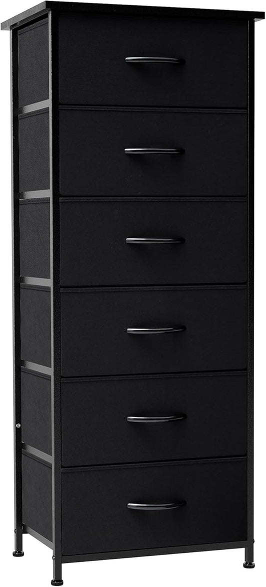 Crestlive Products Vertical Dresser Storage Tower - Sturdy Steel Frame, Wood Top, Easy Pull Fabric Bins, Wood Handles - Organizer Unit for Bedroom, Hallway, Entryway, Closets - 6 Drawers (Black)