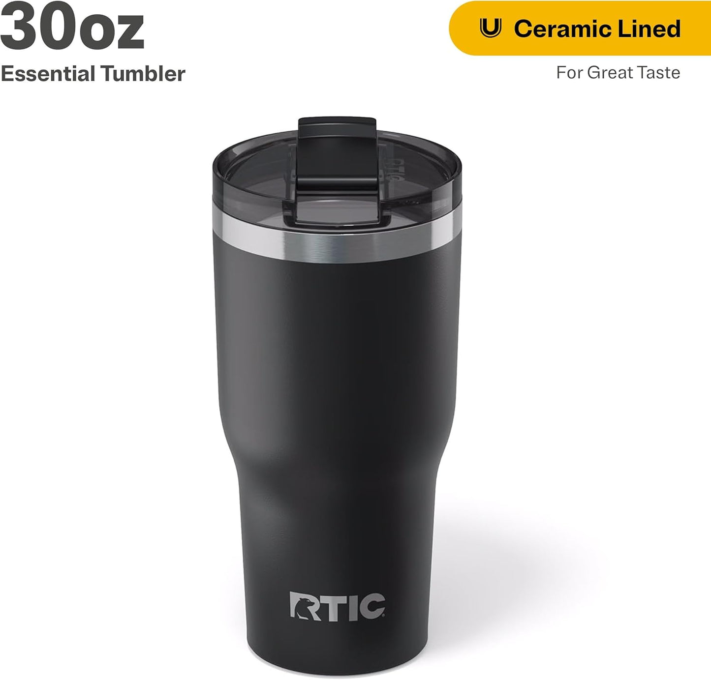 RTIC 30oz Essential Tumbler with Lid, Ceramic Lined, Insulated, Stainless Steel, Metal, Double Wall Vacuum-Insulation, Travel Cup for Iced Coffee, Tea, Hot and Cold Drink, Black