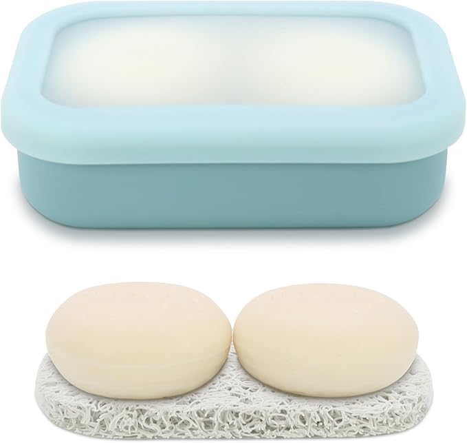 OLAMAR Solid Shampoo Bar Holder,Silicone Travel Soap Case,Enhanced Leak Proof Soap Container with Drainage Layer Soap Holder, Suitable for Bathroom,Camping and Gym (Blue, Large)