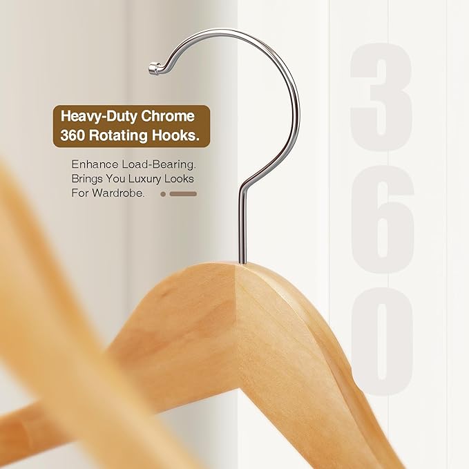 Wide Shoulder Hanger 10 Pack,Solid Wood Hanger,Heavy Duty Suit Hangers,Coat Hangers with Retotating Hooks & Non Slip Pants Bar,Smooth Clothes Hangers for Sweater, Pants, Jacket(Natural