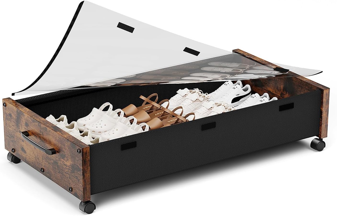 KITHELP Wooden Under Bed Storage with Wheels, Rolling Under the Bed Storage Bins with Removable Lid, Metal Under Bed Drawers for Clothes and Shoes in Bedroom or Living Room(Vintage Brown-1pack)