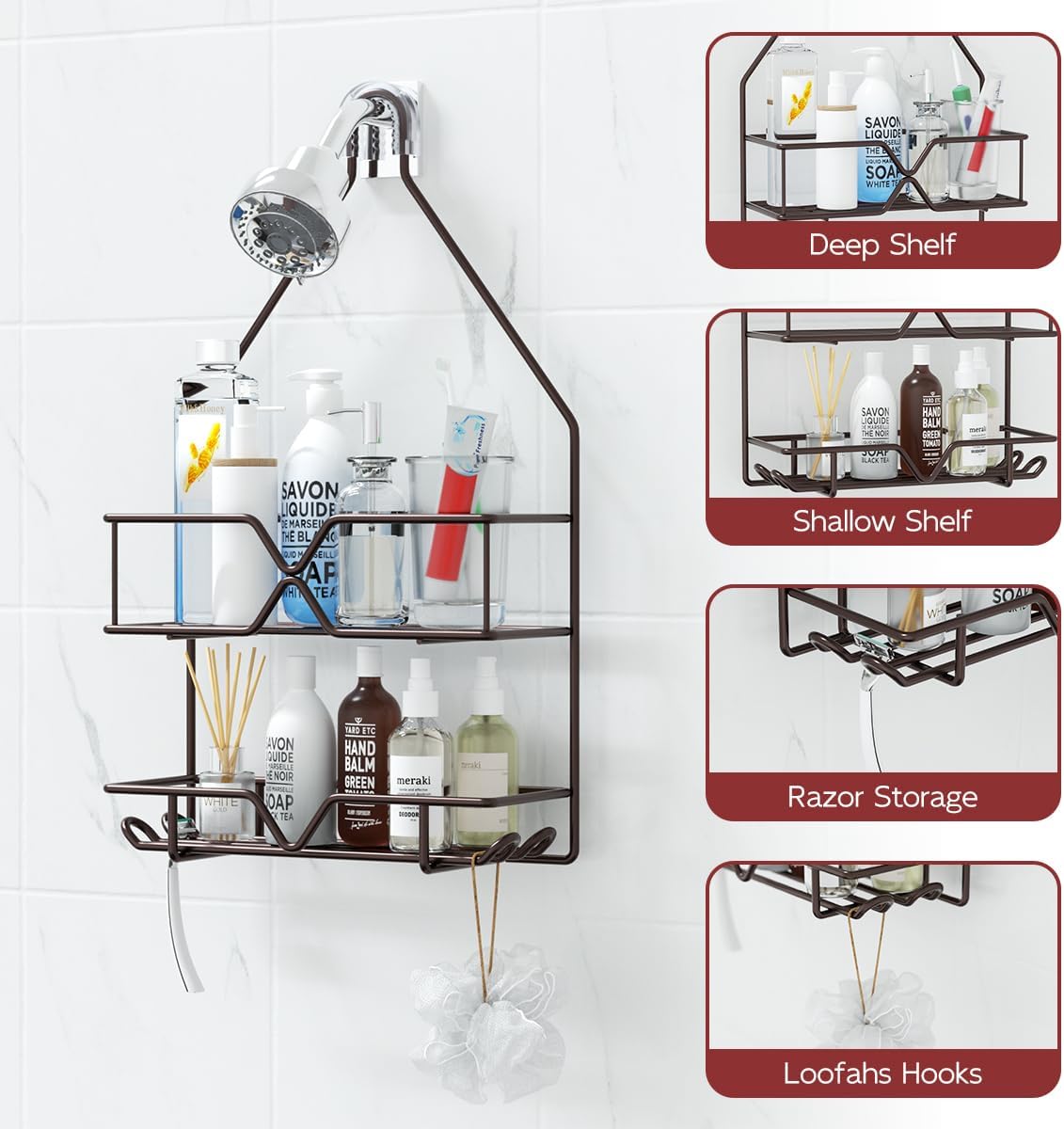 TreeLen Shower Caddy over Shower Head Hanging Bathroom Caddy for Bathroom Organizer 4 Hooks Shampoo Holder-Bronze