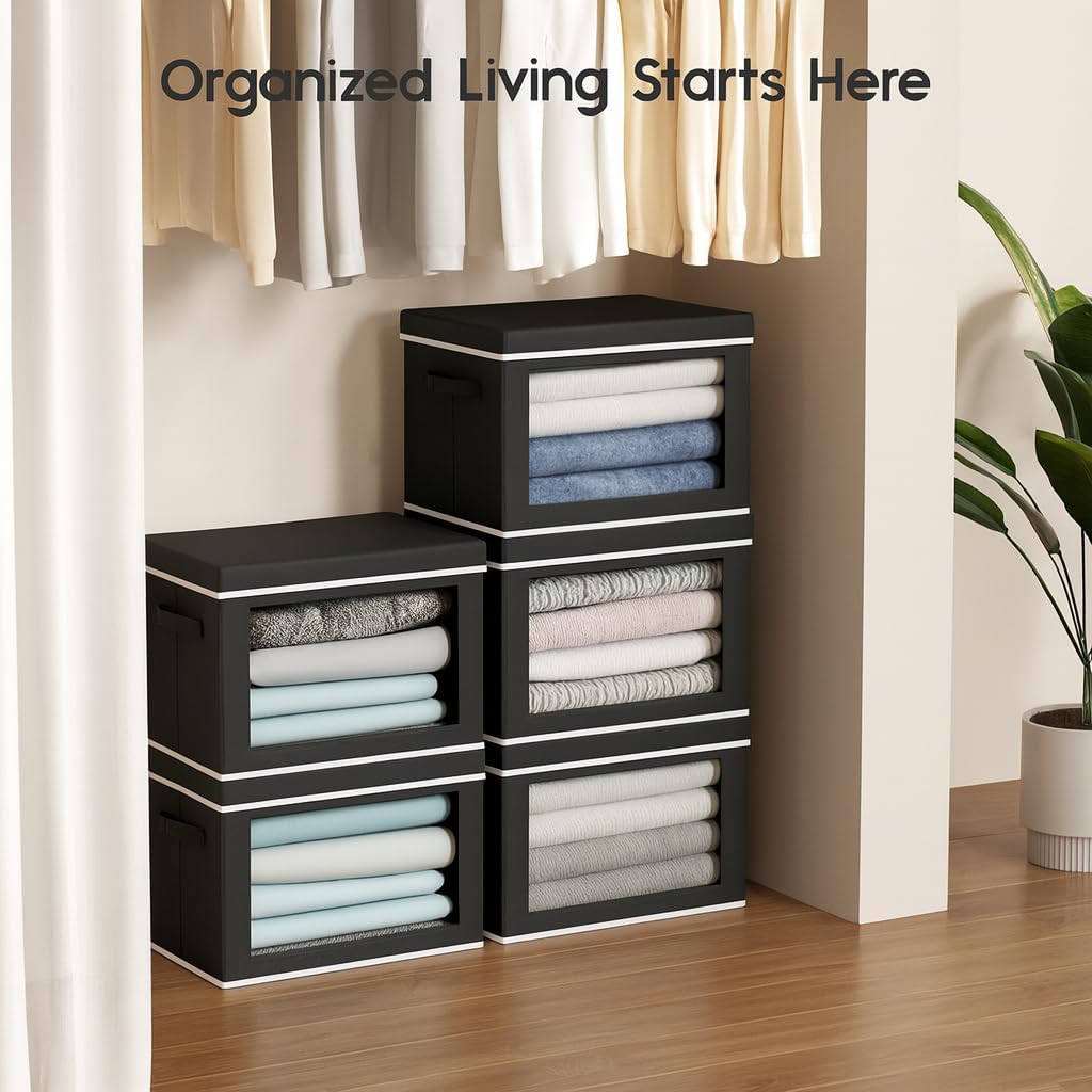 Collapsible Storage Bins with Lids - Stackable Storage Containers with Window, 15.7 Inch Fabric Organizing Bins for Closet, Home & Office Organization Baskets, Black, 3 Pack