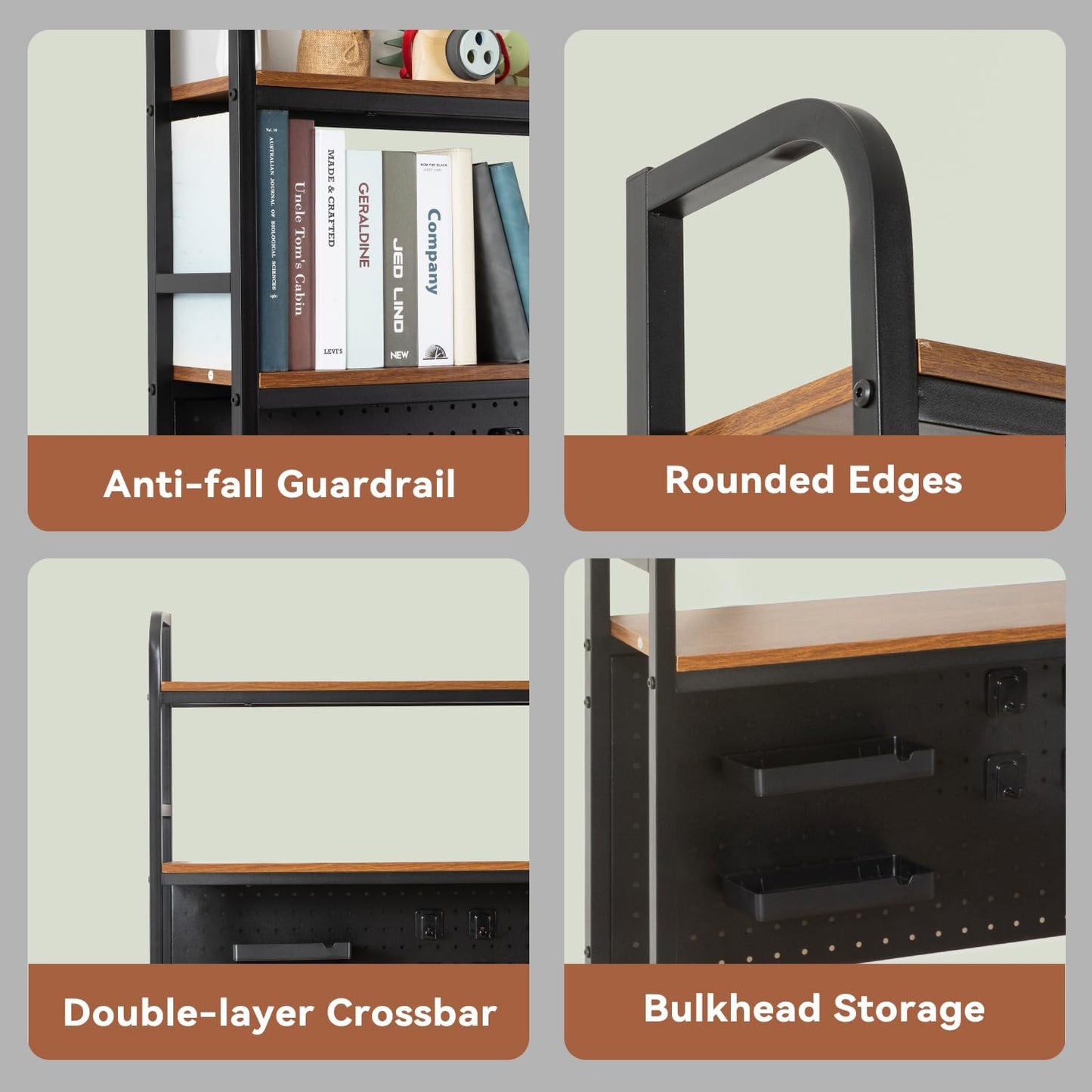 deli Desktop Bookshelf, Metal Desk Shelf Bookcase with Pegboard Hooks Set, 2 Tier Display Rack, Multipurpose Wood Desktop Hutch Storage Organizer for Dorm Office Home