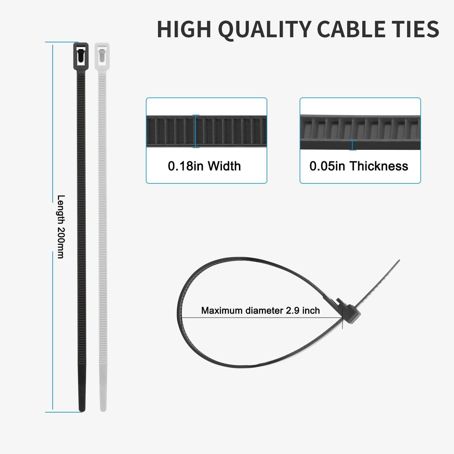 8 Inch Recoverable Reusable Zip Ties, 1000Pcs white Zip Ties, Outdoor 50 lb. Small Cable Ties, Small Releasable Plastic Ties, Removable Wire Ties for Wire Management Outdoor Patio