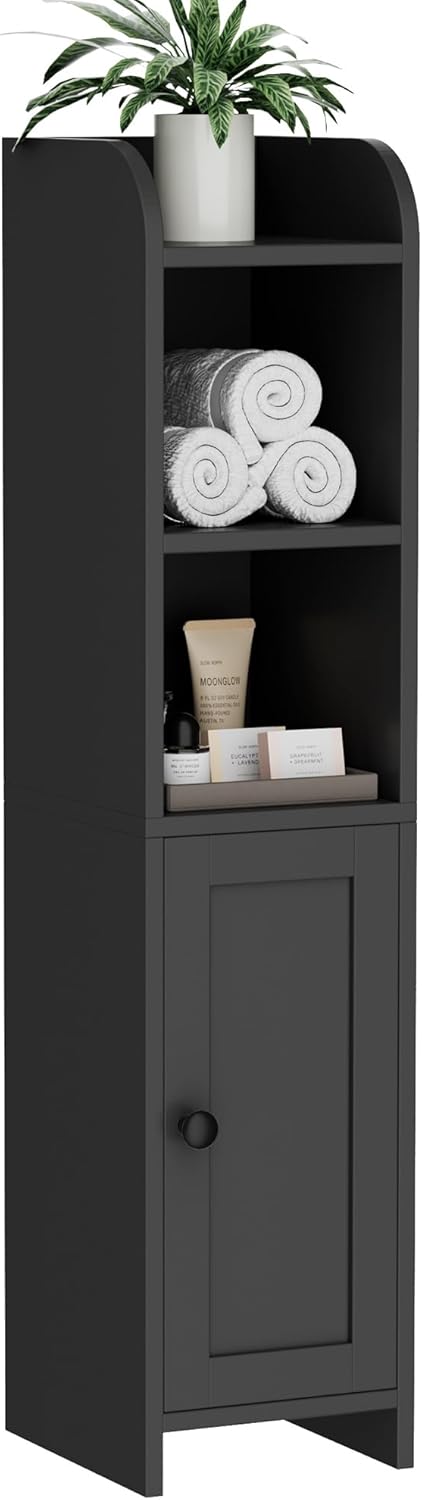Homhedy Small Bathroom Storage Corner Floor Cabinet with Door and Shelves, Beside The Toilet Paper Stand for Skinny, Narrow Toilet Paper Cabinet, 7.9" D x 7.1" W x 31" H, Black
