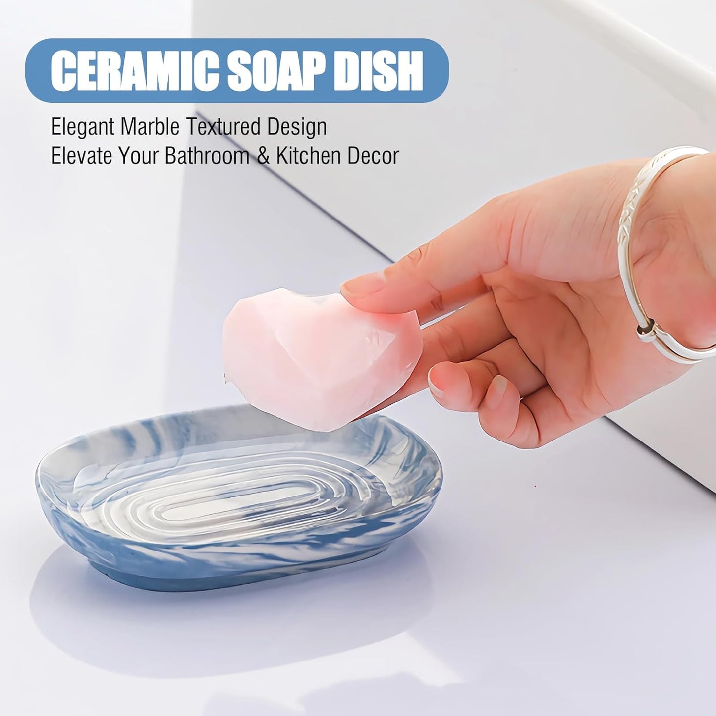 OTHIX Blue Ceramic Soap Dish with Unique Marble Texture, Decorative Bar Soap Holder for Bathroom and Kitchen, Cute Soap Dishes for Bar Soap, Jewelry, Ring (Blue Texture)